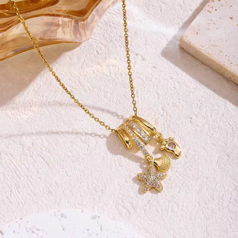 SJ 846 Modern French style charms luxury zircon Necklace - 18k Gold PVD plated stainless steel - Anti tarnish