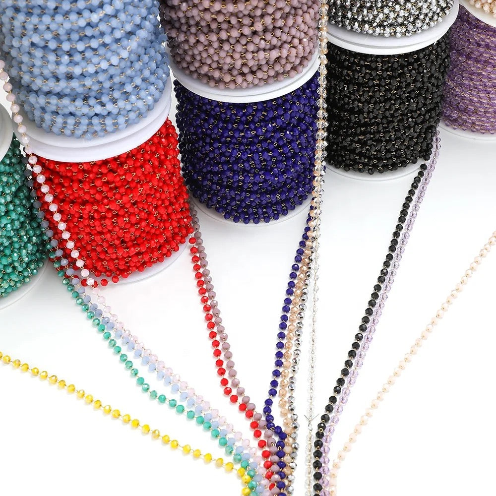 CN 236 Black Glass faceted beaded crystal silver PVD plated Stainless steel chain ( 1 feet ) Anti tarnish