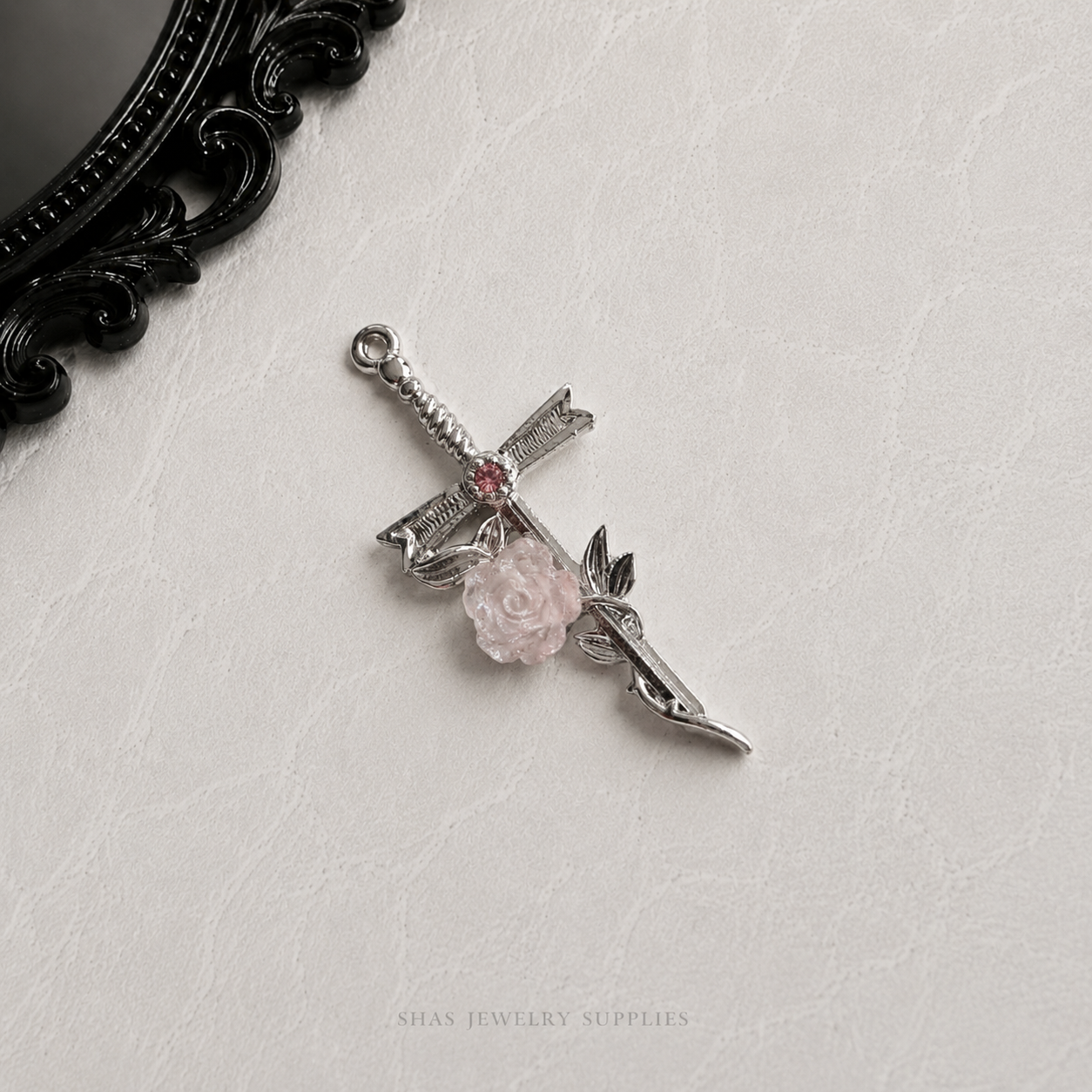 MC02L Cross with Pink Rose Gothic Charm ( 1 pc )