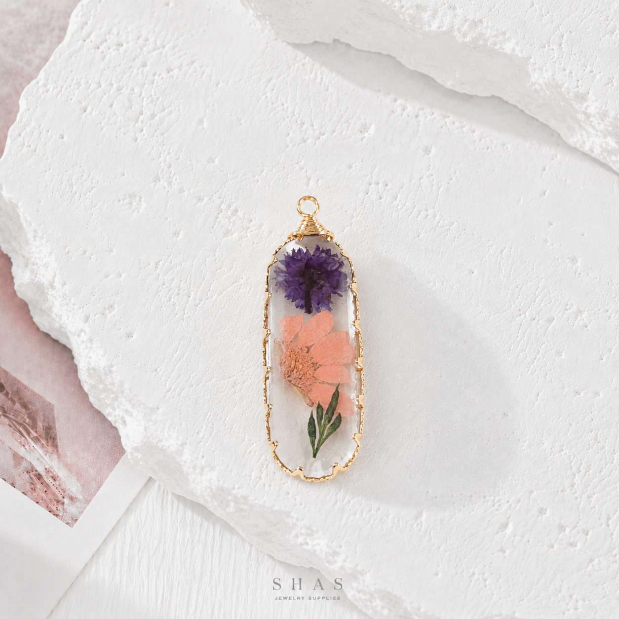 RFC01T Violet Long Resin Flower Pendant Charm ( 1 pc )