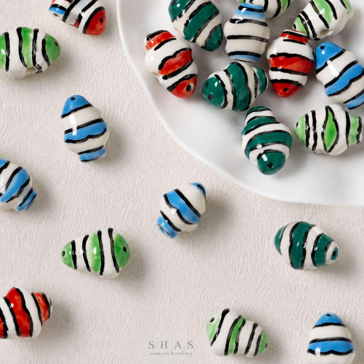 PCB02T Striped Fish Ceramic Bead ( 1 pc ) Porcelian Ceramic