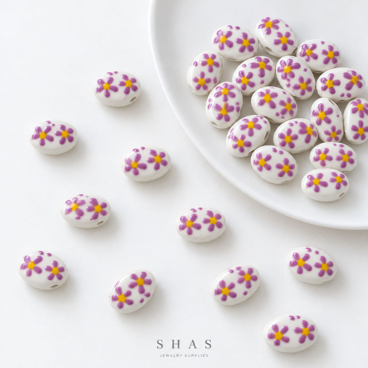 PCB26D Purplel Floral Hand-Painted Ceramic Bead ( 1 pc ) Porcelian Ceramic