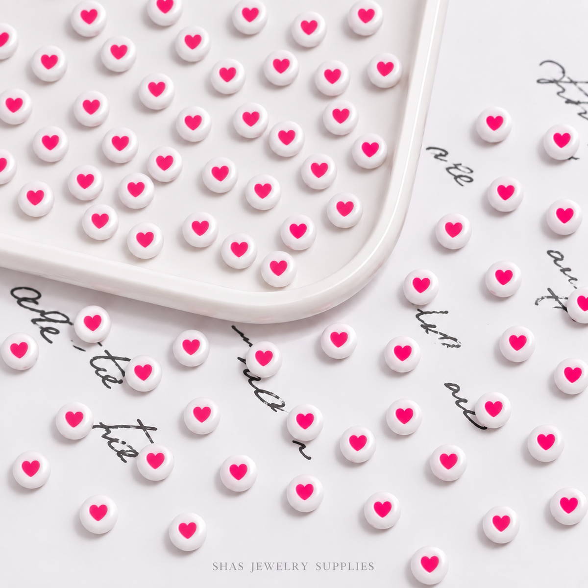 AB112D Neon Pink Hearts Round Acrylic Bead ( 1 pc )