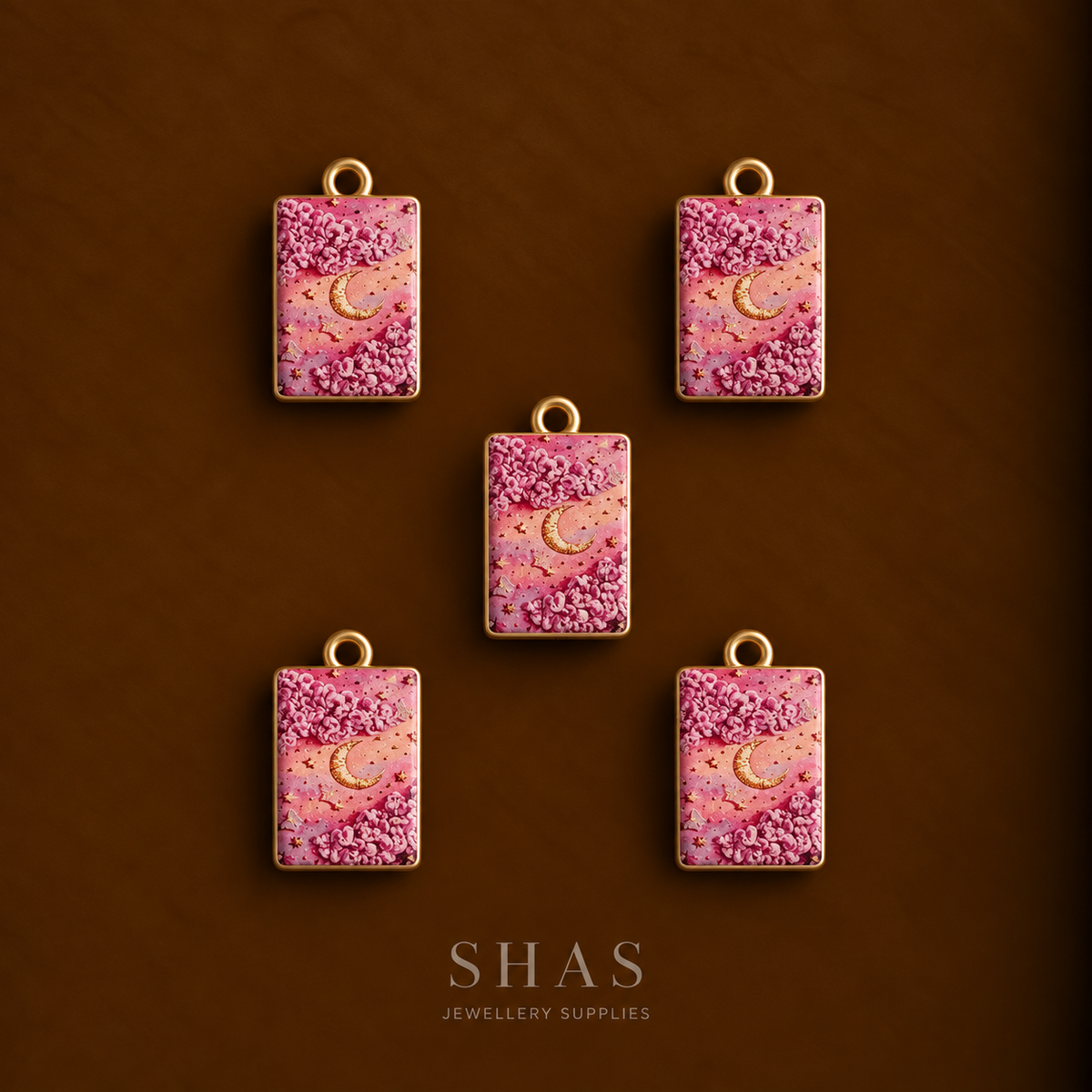 APC04A Pink Crescent Moon Alloy Printed Charm ( 1 PC )
