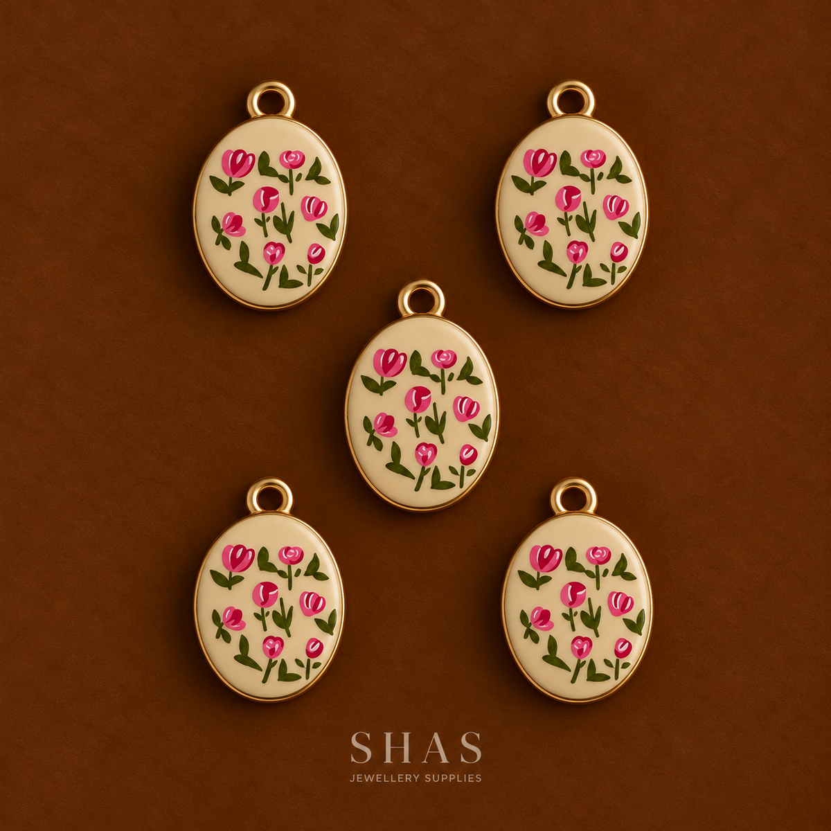 APC04G Rose Patterned Oval Alloy Printed Charm ( 1 PC )