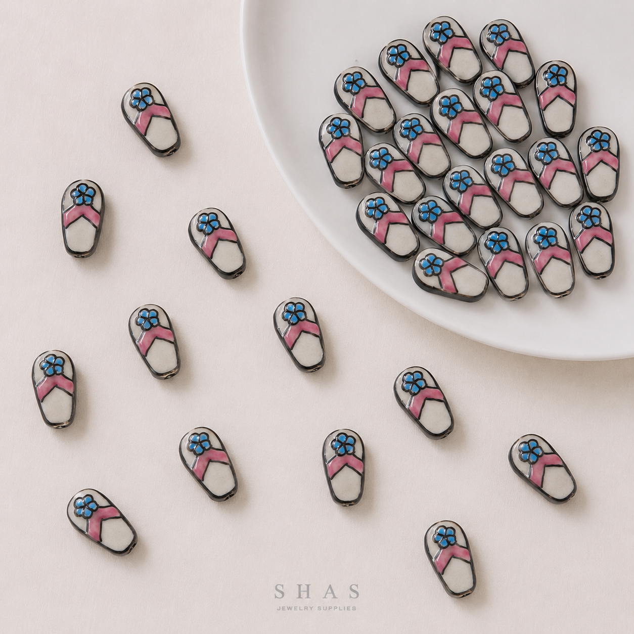 PCB25A Flip Flop Hand-Painted Ceramic Bead ( 1 pc ) Porcelian Ceramic