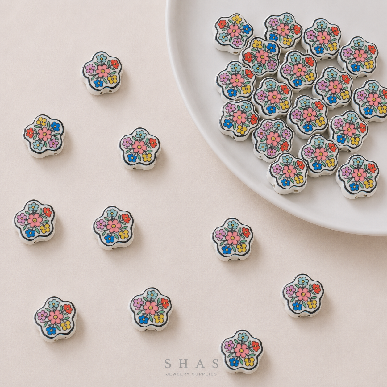 PCB25F Floral Hand-Painted Ceramic Bead ( 1 pc ) Porcelian Ceramic