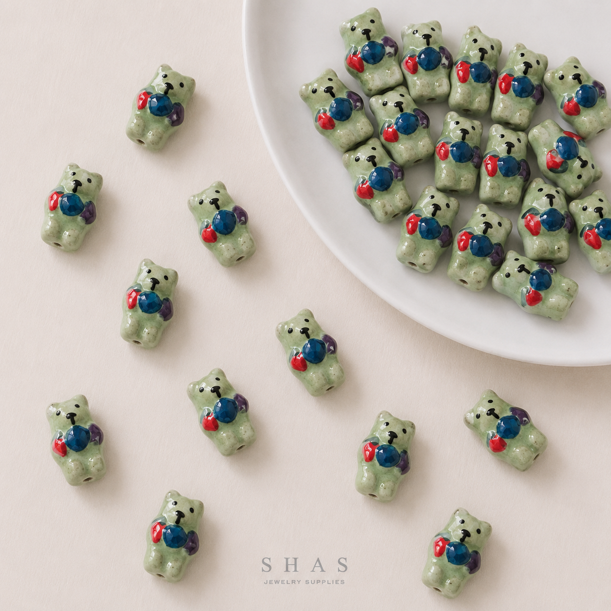 PCB25M Green Bear Hand-Painted Ceramic Bead ( 1 pc ) Porcelian Ceramic