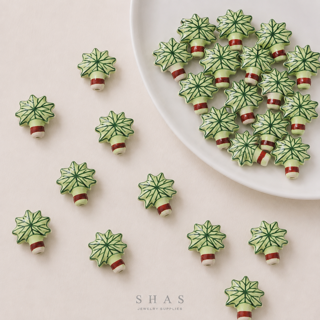 PCB25N Coconut Tree Hand-Painted Ceramic Bead ( 1 pc ) Porcelian Ceramic