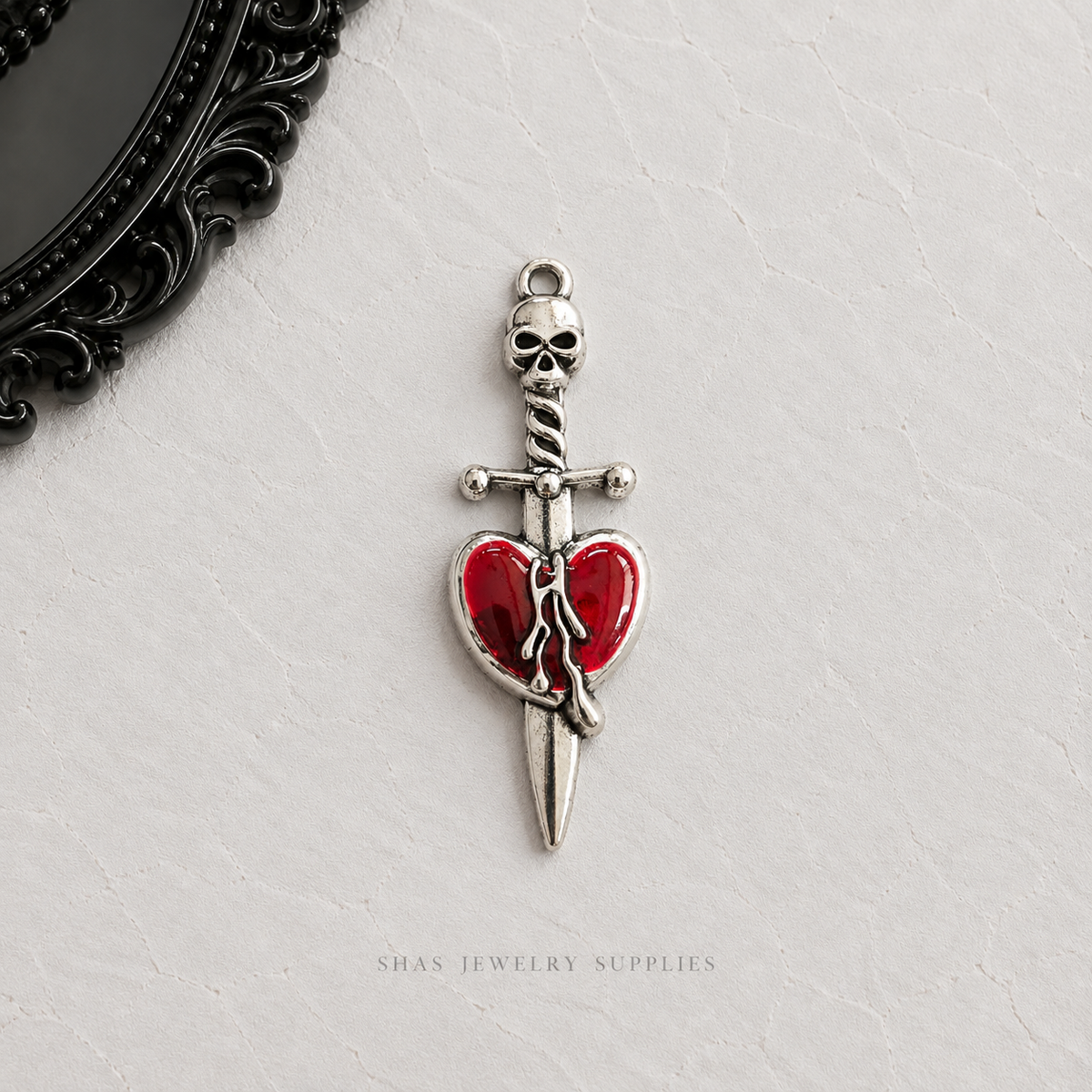 AC02P Red Heart Skull Sword Gothic Charm ( 1 pc ) High Quality Alloy