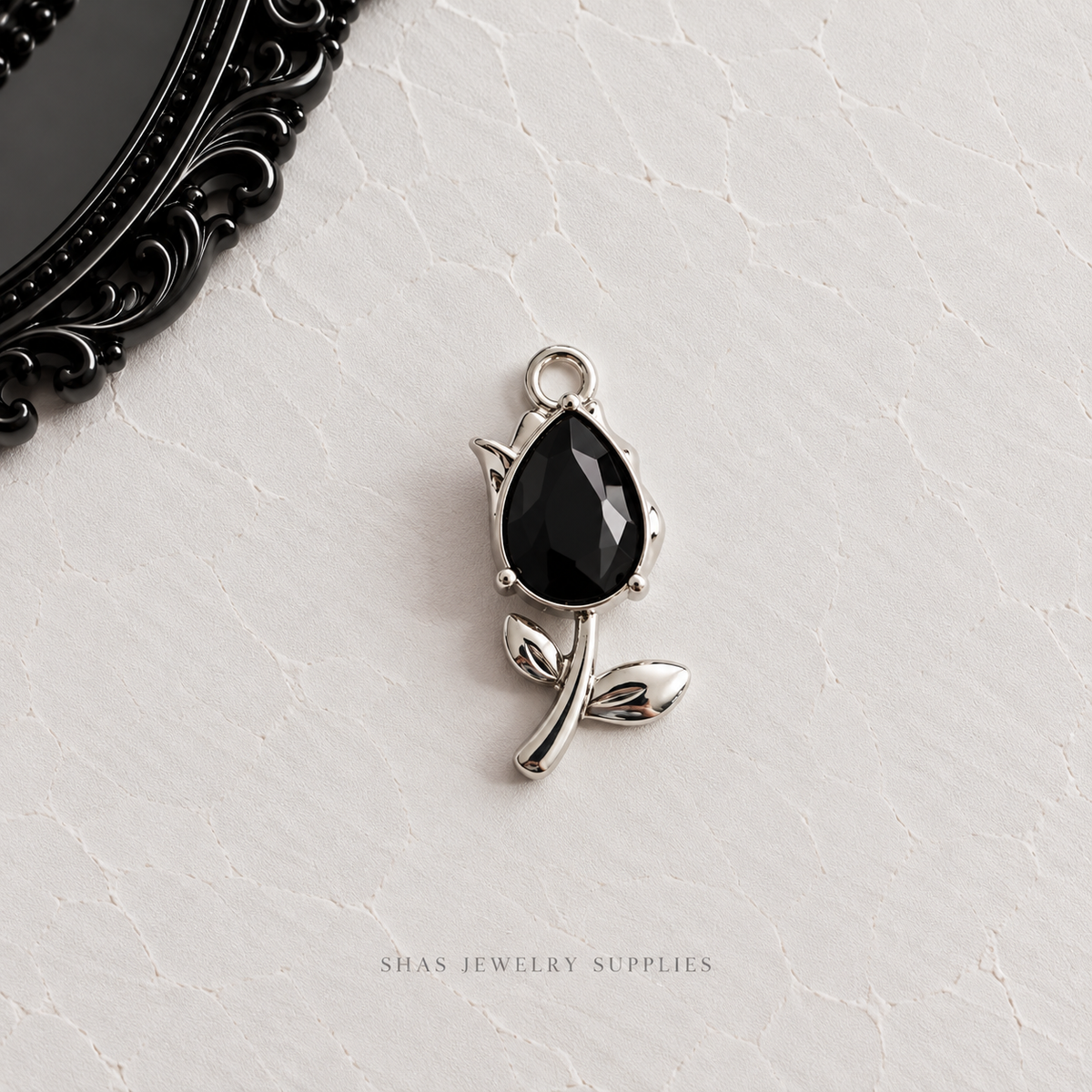 AC02R Black Tulip Flower Gothic Charm ( 1 pc ) High Quality Alloy