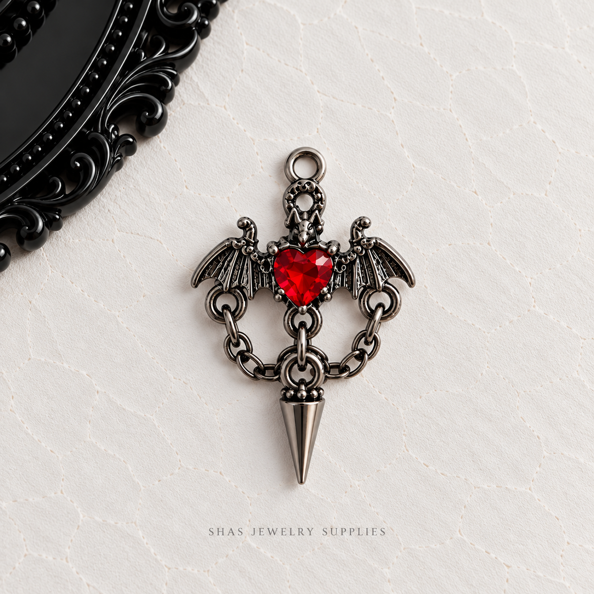 AC03L Red Heart bat wings Gothic Charm ( 1 pc ) High Quality Alloy
