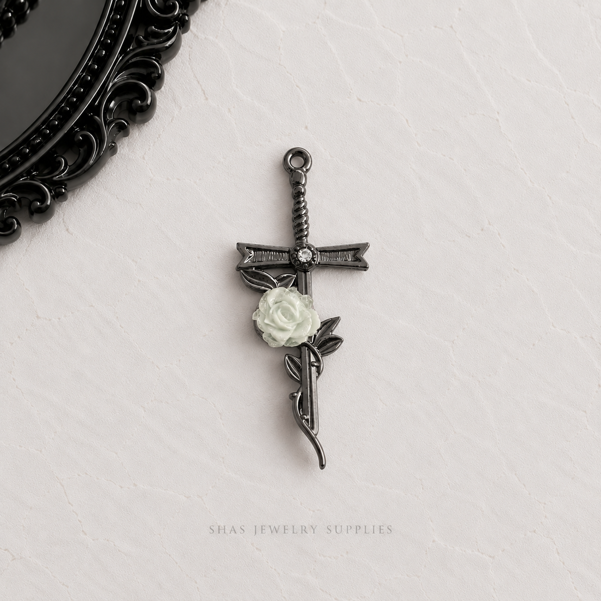AC02S Green Flower Cross Gothic Charm ( 1 pc ) High Quality Alloy