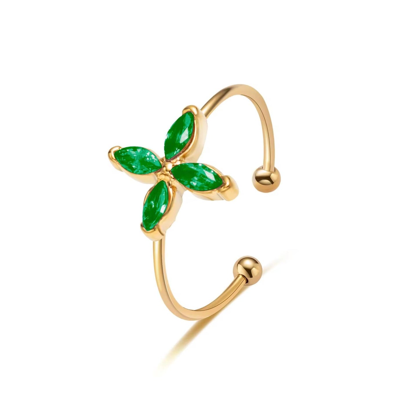 SJ 723 Emerald Zircon Flower Dainty Ring Adjustable - 18k Gold PVD plated stainless steel - Anti tarnish