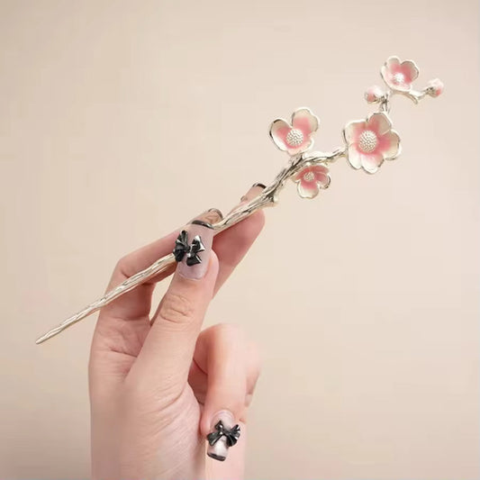 HA 12 Pink Flower Hair Stick with Dangling Tassel Drop - Retro korean Style ( 1 pc )