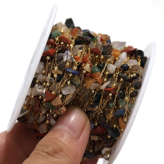 CN 223 Polychromatic gemstone crystal gold Stainless steel chain ( 1 feet )Anti tarnish