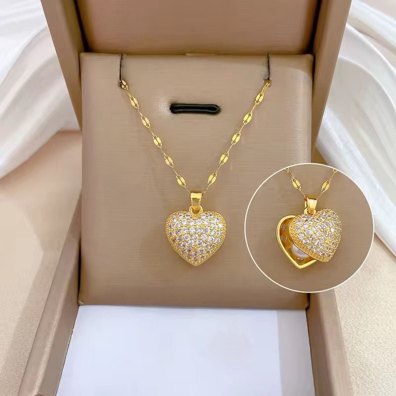 NSJ36B clear Heart zircon Stainless steel chain and zircon Copper gold plated pendant