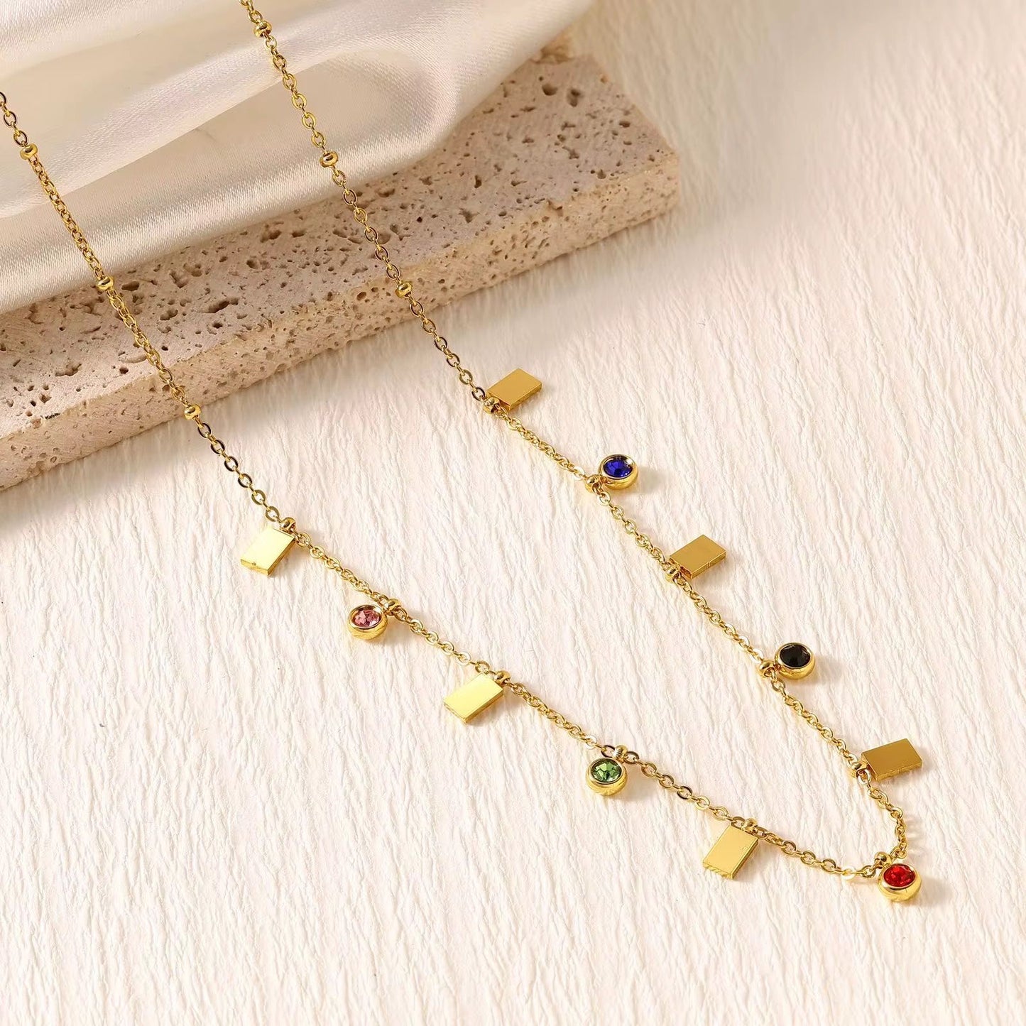 SJ 1052 Rectangle Colourful Zircon dainty Necklace - 18k Gold PVD plated stainless steel - Anti tarnish