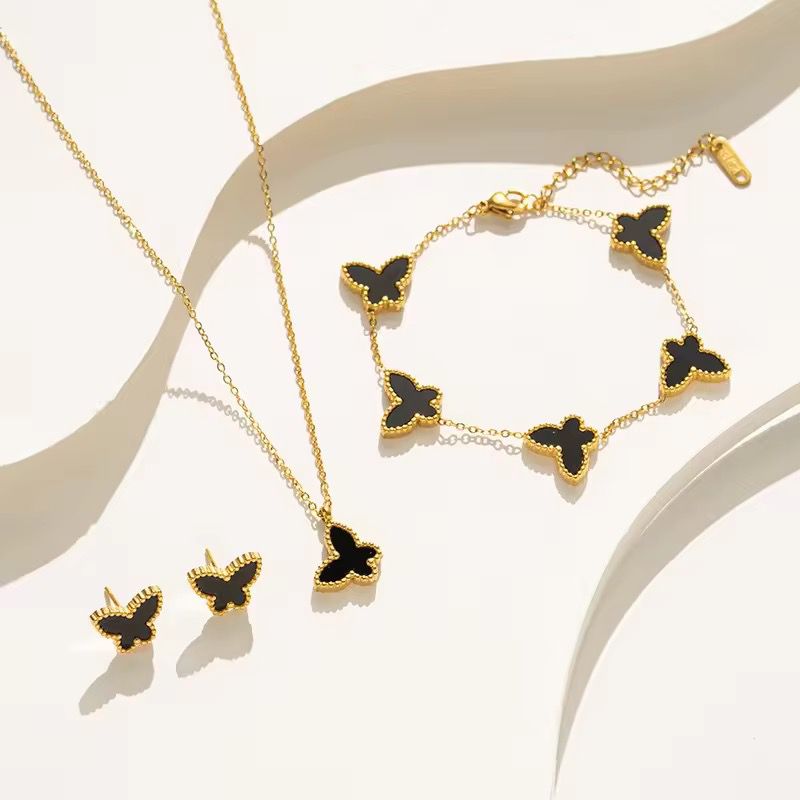 SJ 525 Black Butterfly jewelry set ( chain, bracelet and earring ) - 18k Gold PVD plated stainless steel - Anti tarnis
