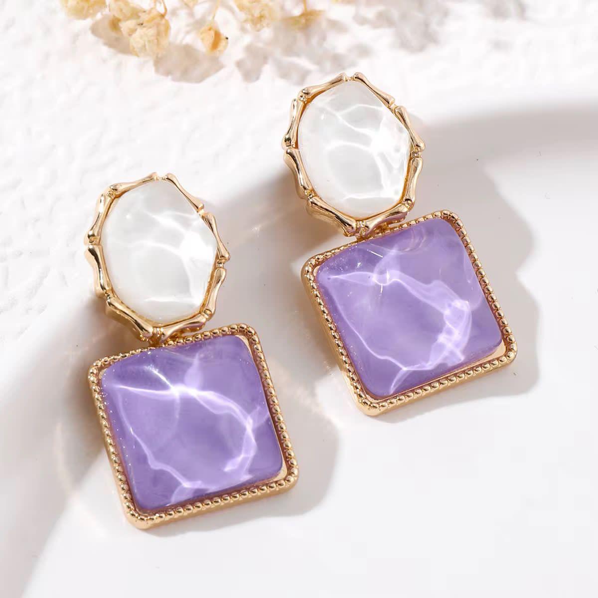 SJ 1010 Purple Drop Marble Square Diamond Stud Earring - Anti tarnish