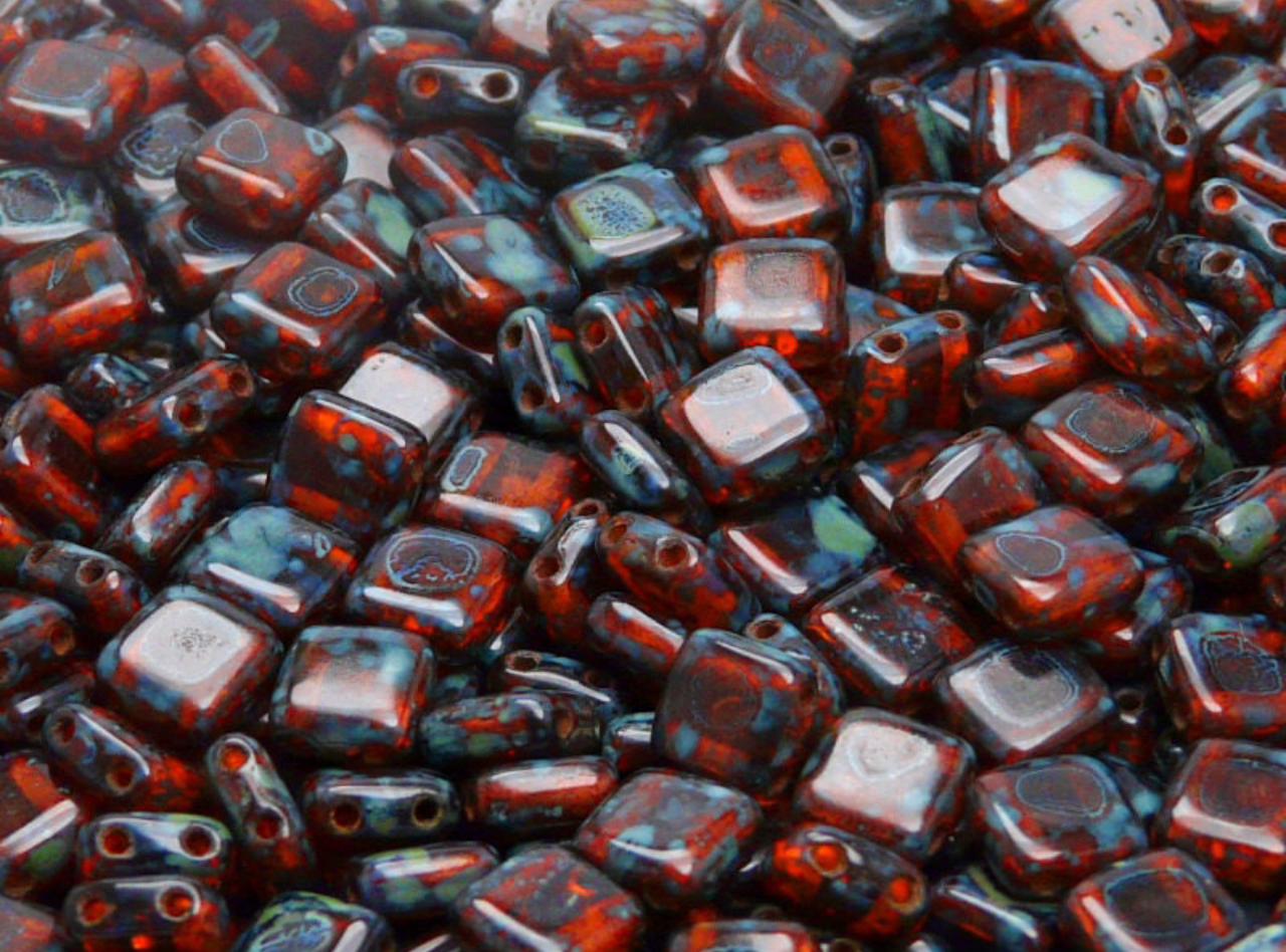 BBB 108 (F) Two Hole Pressed Czech Mate Glass Tile Beads Hyacinth Travertine -(1PC)