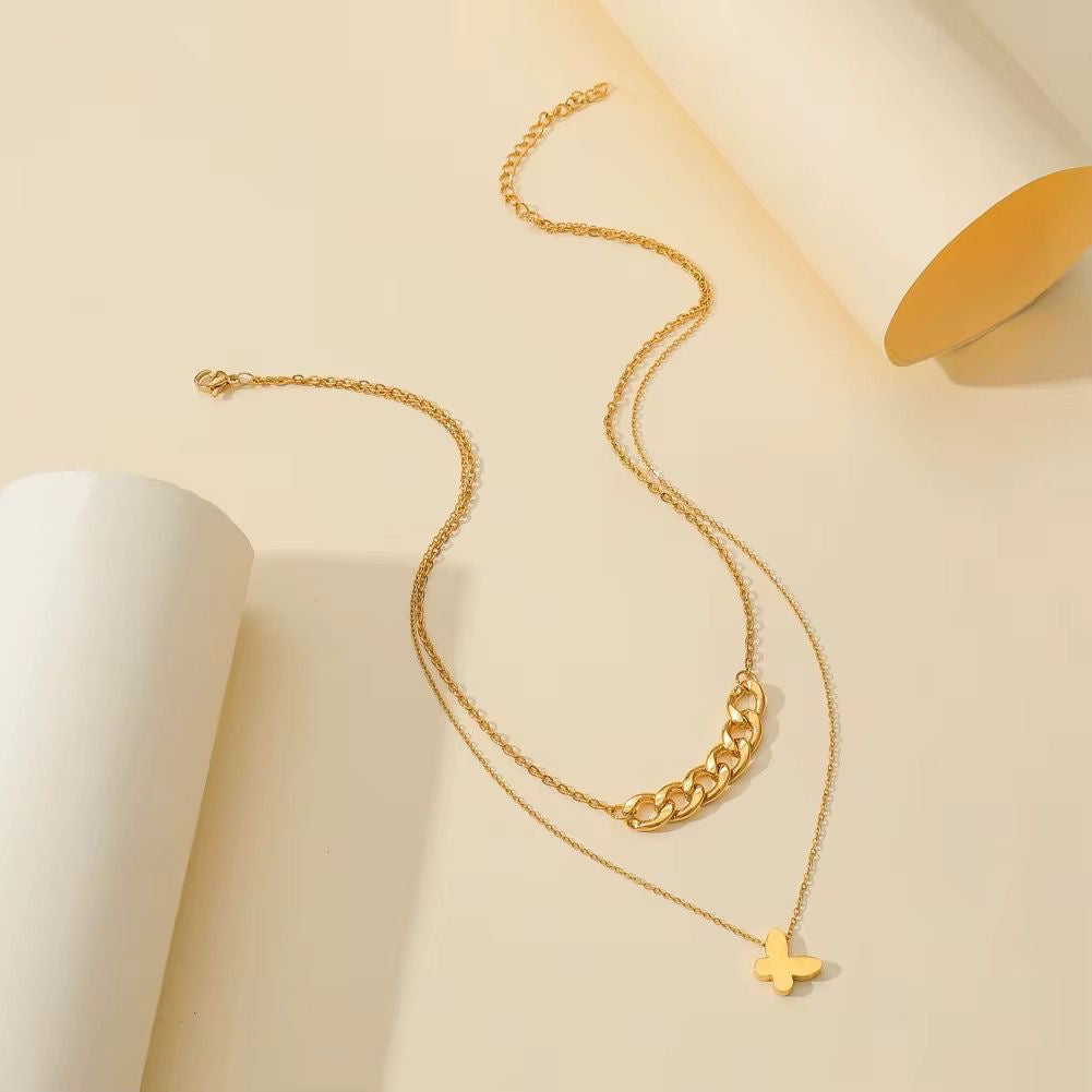SJ 769 Butterfly Double layer Necklace - 18k Gold PVD plated stainless steel - Anti tarnish