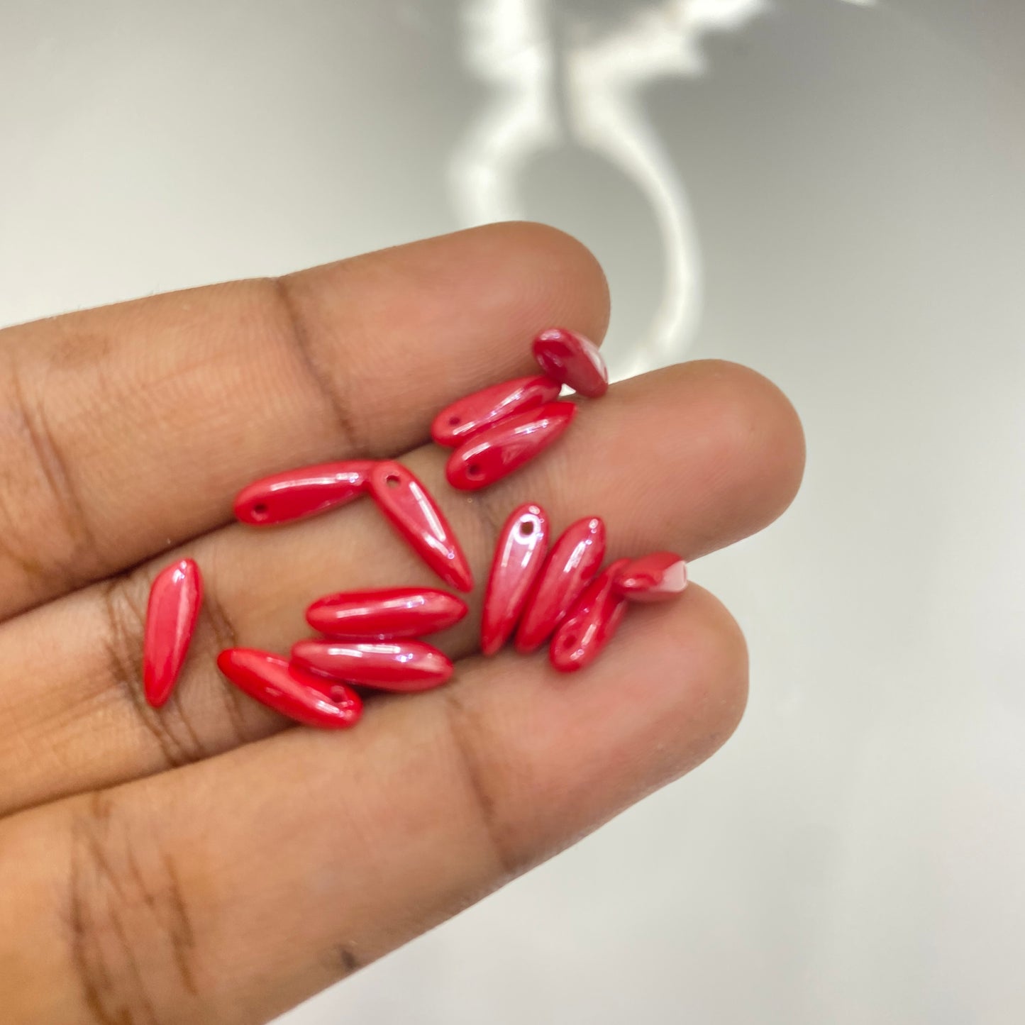 BBB 103 (C) Czech pressed Glass Dagger Beads Opaque Red Coral White Luster - (1PC)