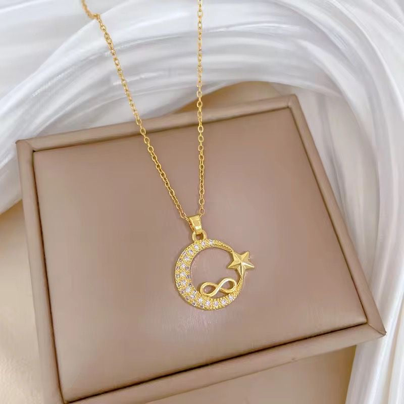 SJ 729 Infinity Zircon Moon Necklace - 18k Gold PVD plated stainless steel - Anti tarnish
