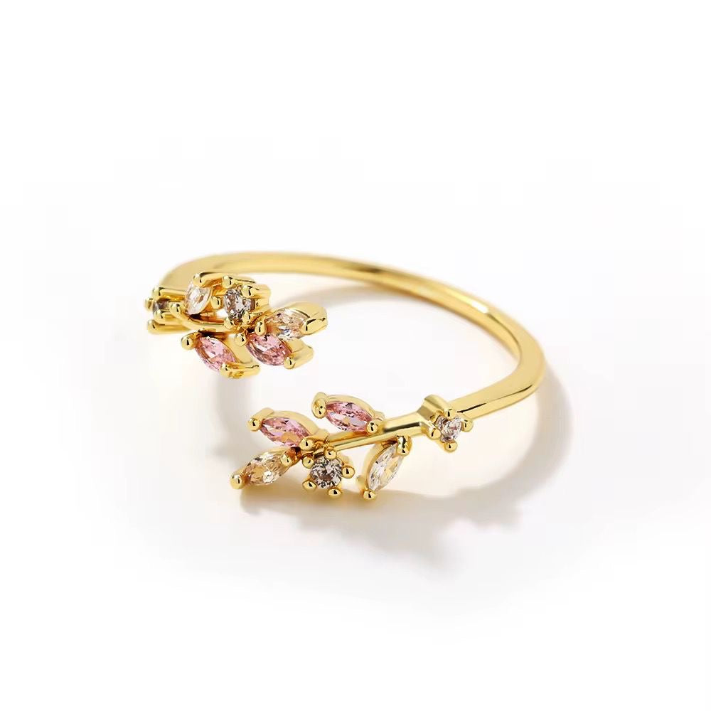 SJ 949 Zircon Floral Leaf Ring Adjustable - 18k PVD Plated Brass - Anti tarnish