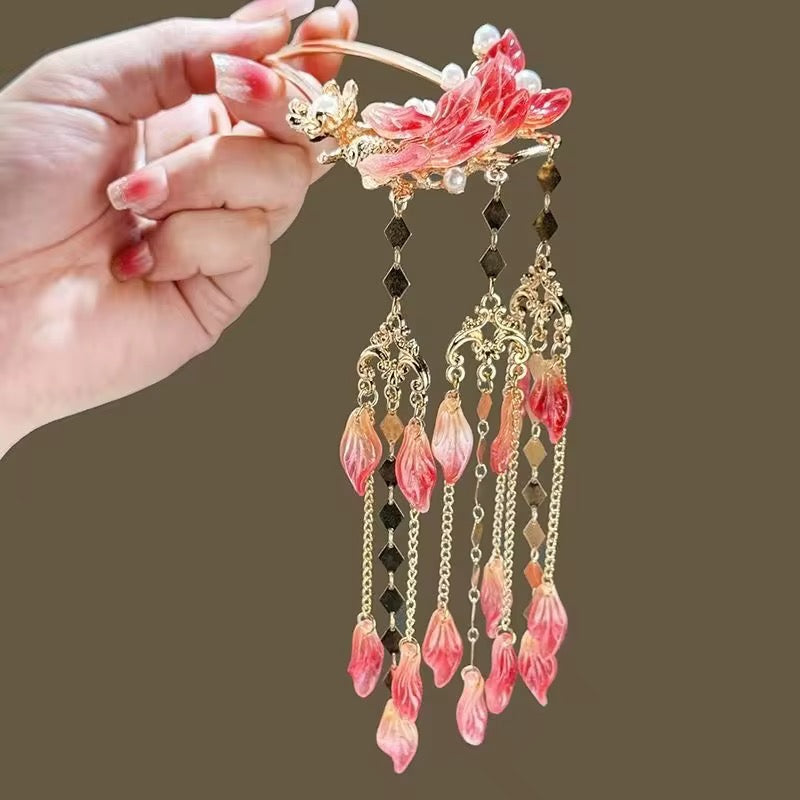 HA 42 Red Glass Floral U shape Hair Sticks with Dangling Drops - Retro korean Style ( 1 pc )