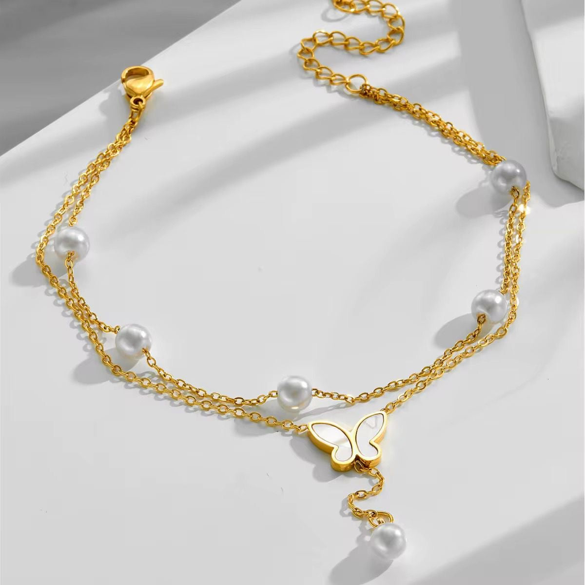 SJ 710 Butterfly Double layer Dangling Anklet - 18k Gold PVD plated stainless steel - Anti tarnish