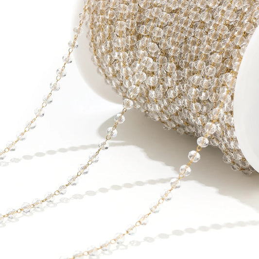 N 235 Glass faceted beaded crystal gold Stainless steel chain ( 1 feet )Anti tarnish