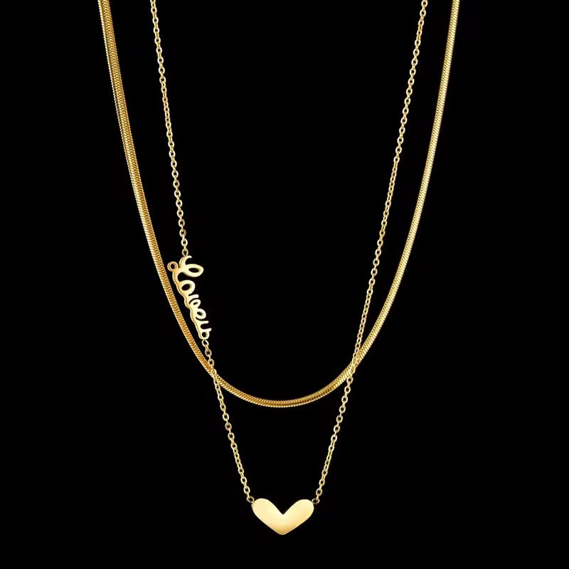 SJ 224 Love heart double layer necklace -18k gold plated stainless steel - Anti tarnish - Wholesale