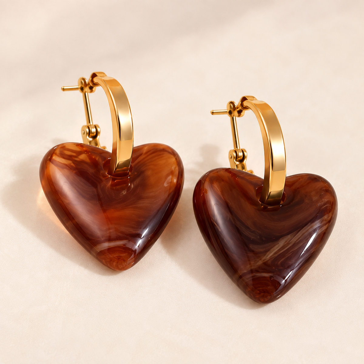 ESJ30B Amber Tortoise Heart Hoops 18k Gold PVD plated