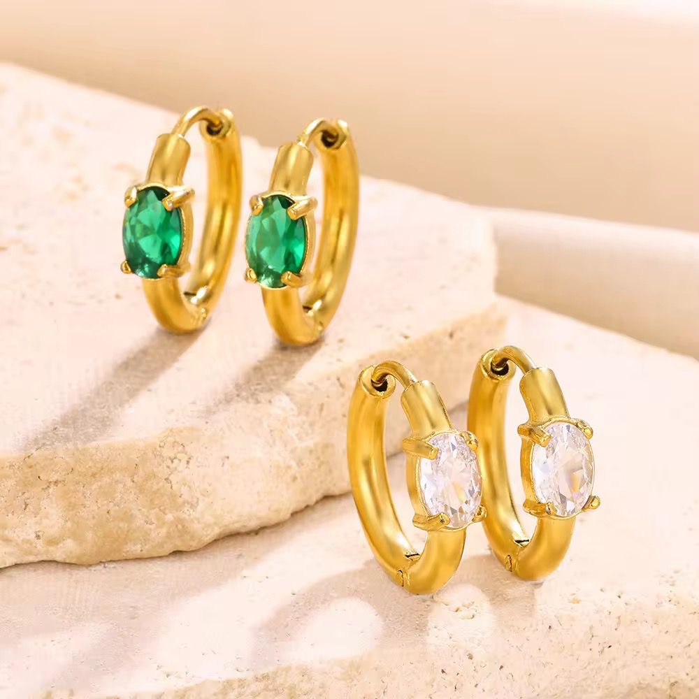 SJ 513 Oval Emerald zircon huggie Earring - 18k Gold PVD plated stainless steel - Anti tarnish