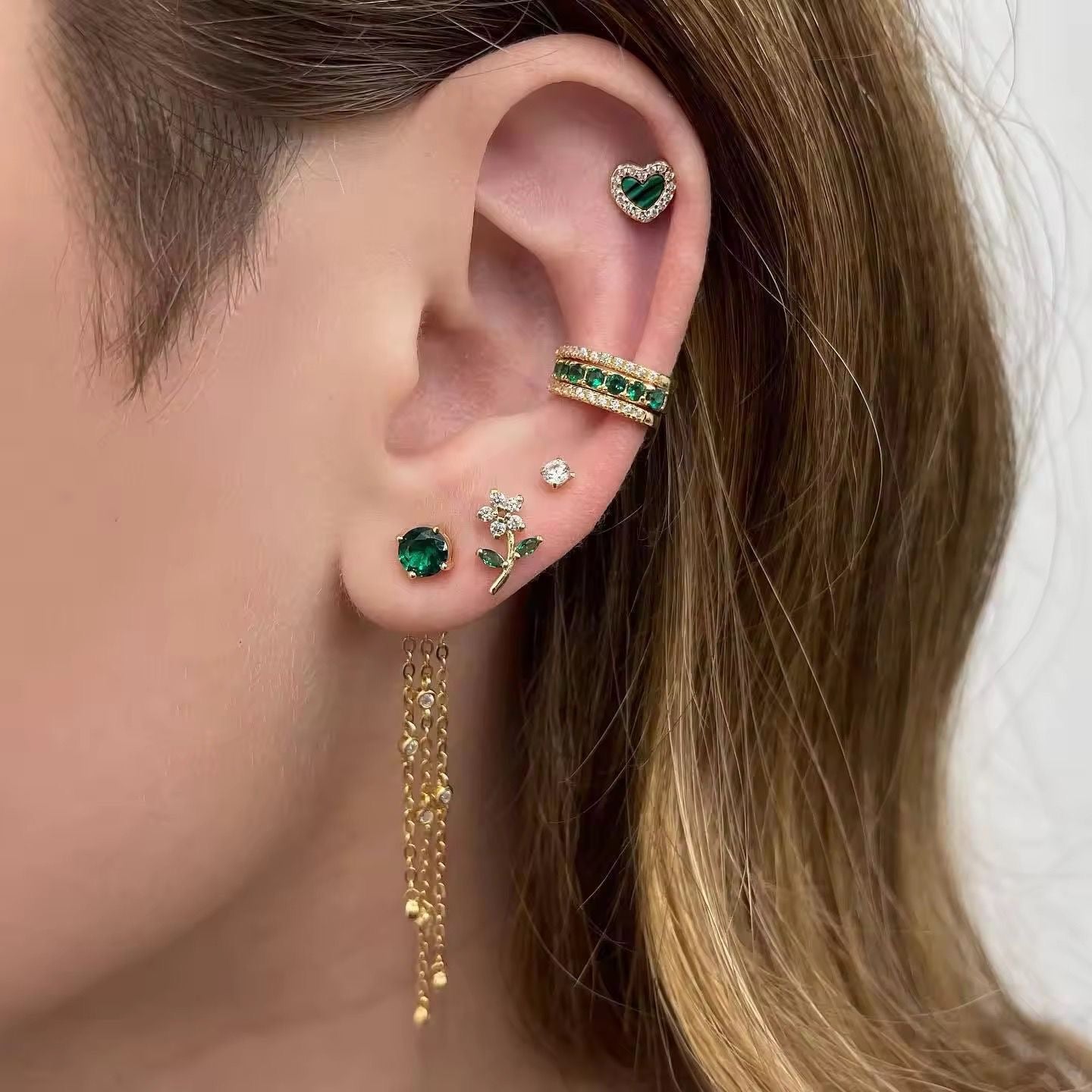 ST 01 - Green 7 piece Zircon Earring stack stud set - 18k Gold PVD plated - Anti tarnish