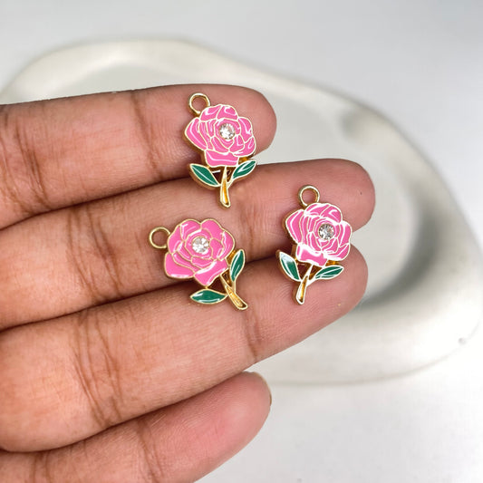 BBB 293 (b) Bright Pink Rose Flower enamel charm ( 1 pc ) High quality shine ( 12:15mm )
