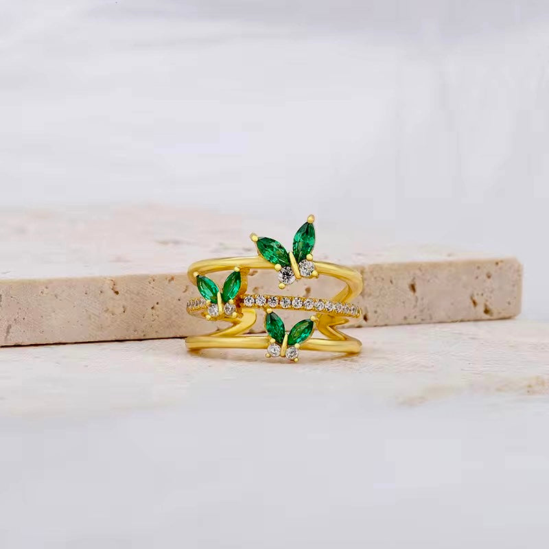 SJ 197 Butterfly zircon ring adjustable- 18k gold plated copper - Anti tarnish - Wholesale