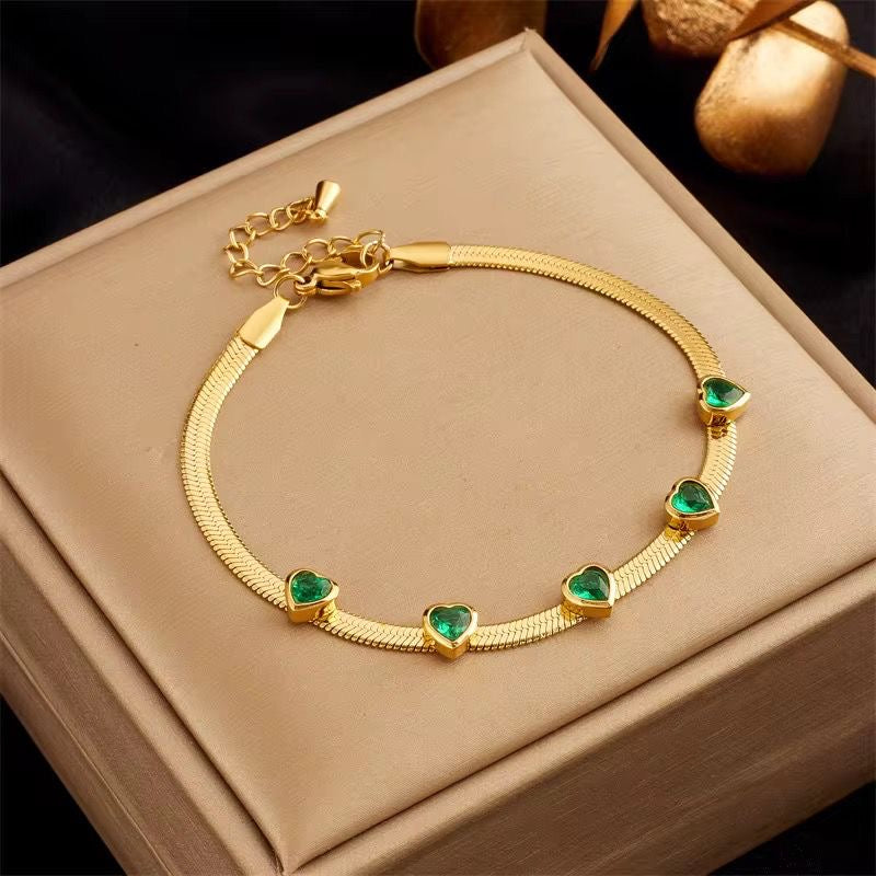 SJ 808 Emerald Heart snake chain bracelet - 18k Gold PVD plated stainless steel - Anti tarnish