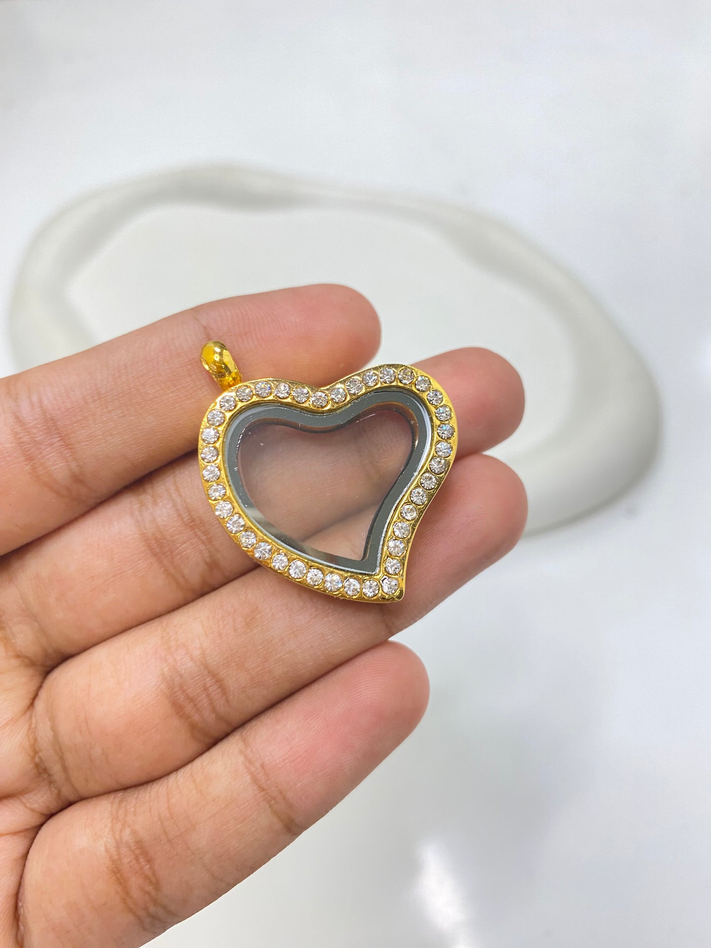 FL 2546 Zircon Heart gold Floating Glass Locket gold plated alloy ( 1 pc ) - anti tarnish