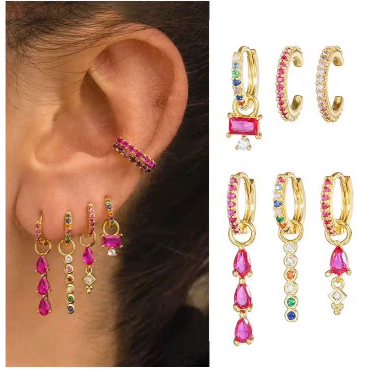 MSJ01H - 6 piece Zircon Earring stack stud set - 18k Gold PVD plated - Anti tarnish