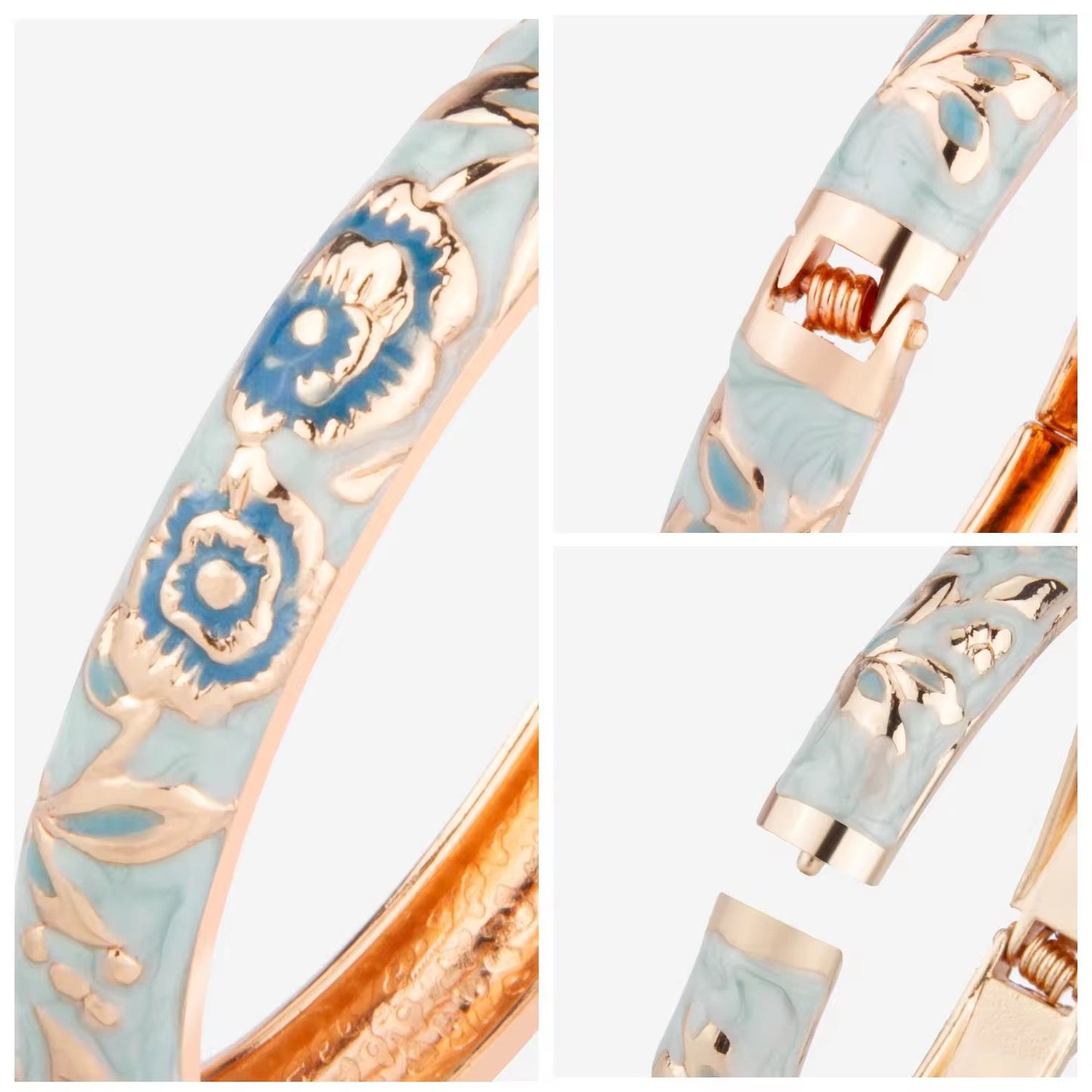 GP 14 Light Blue Rose Lotus Floral 10mm Cuff Bracelet 14k gold plated - Anti tarnish