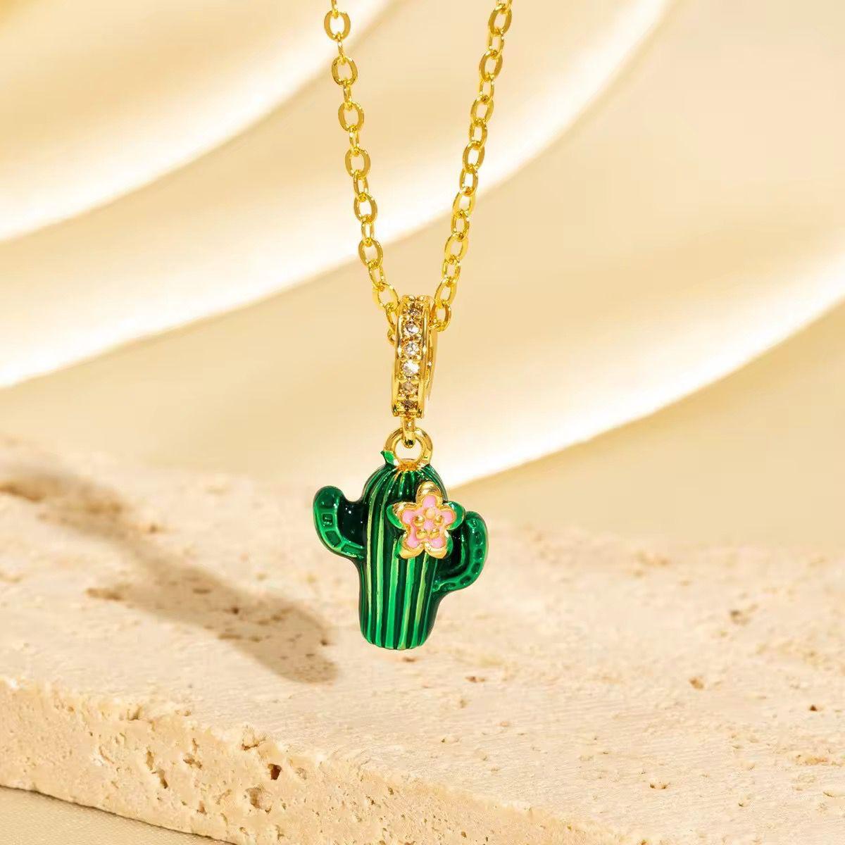 NSJ31C Inlaid zircon Cactus Necklace - 18k Gold PVD plated
