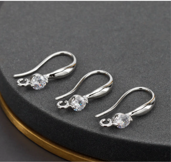 SS 558 Silver plated zircon crystal hook ( 2 pc ) Anti tarnish