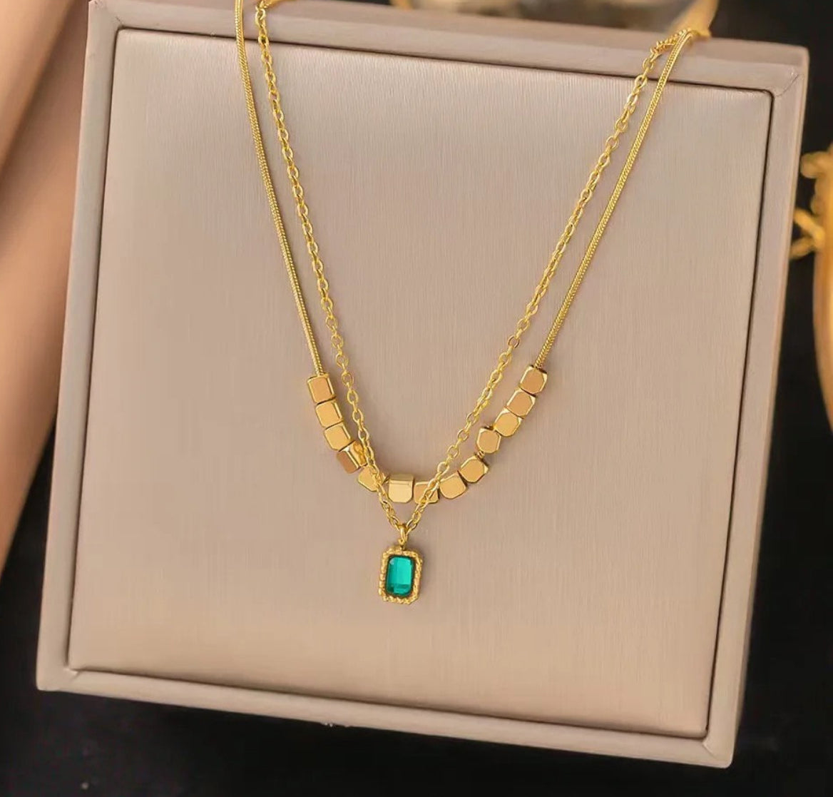 SJ 101 Turquoise bead double layer Necklace - 18k stainless steel - Anti tarnish - Wholesale