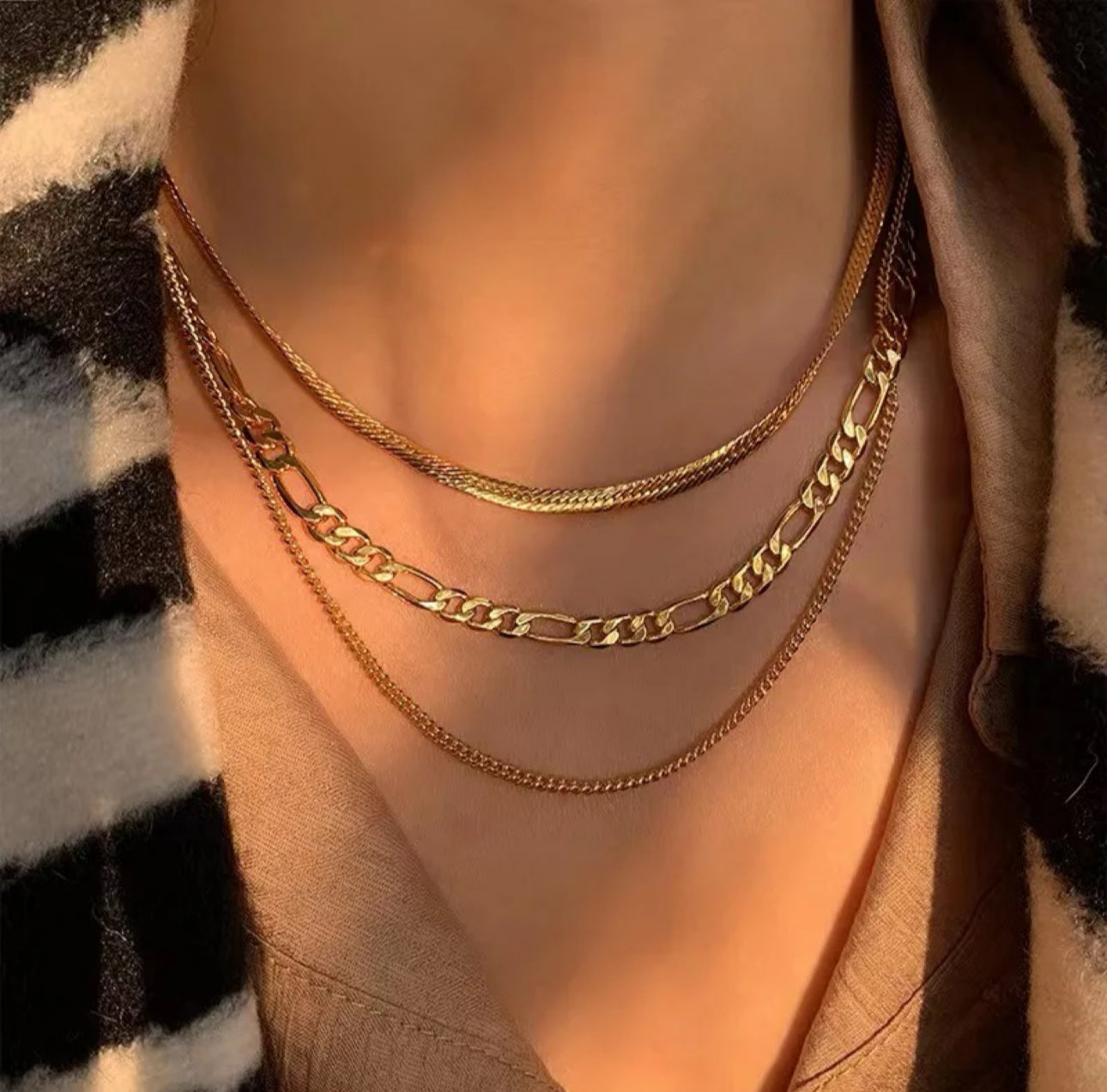 SJ 89 Triple Layer Figaro Necklace - 18k Gold PVD Plated stainless steel - Anti tarnish