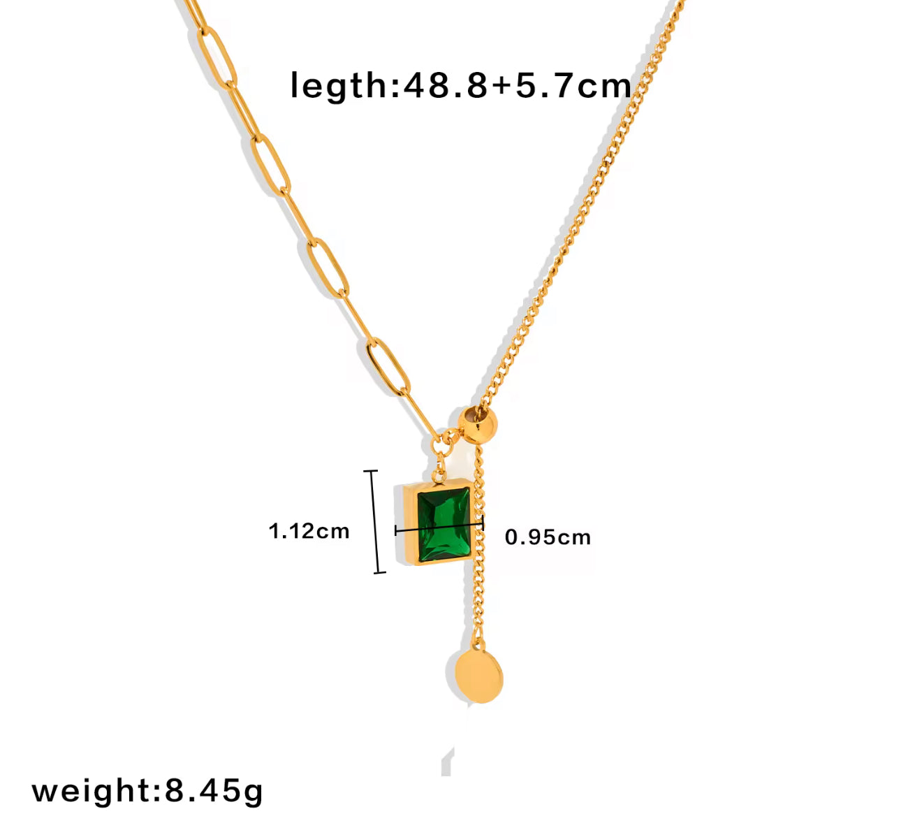 SS 111 Green diamond Rectangle Necklace - 18k stainless steel - Anti tarnish - Wholesale
