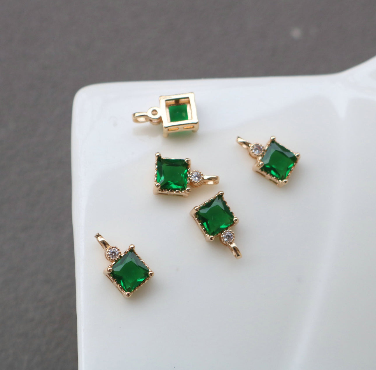 SS 1983 Green Zircon Square pendant 14k gold plated charm ( 1 pc ) Anti tarnish