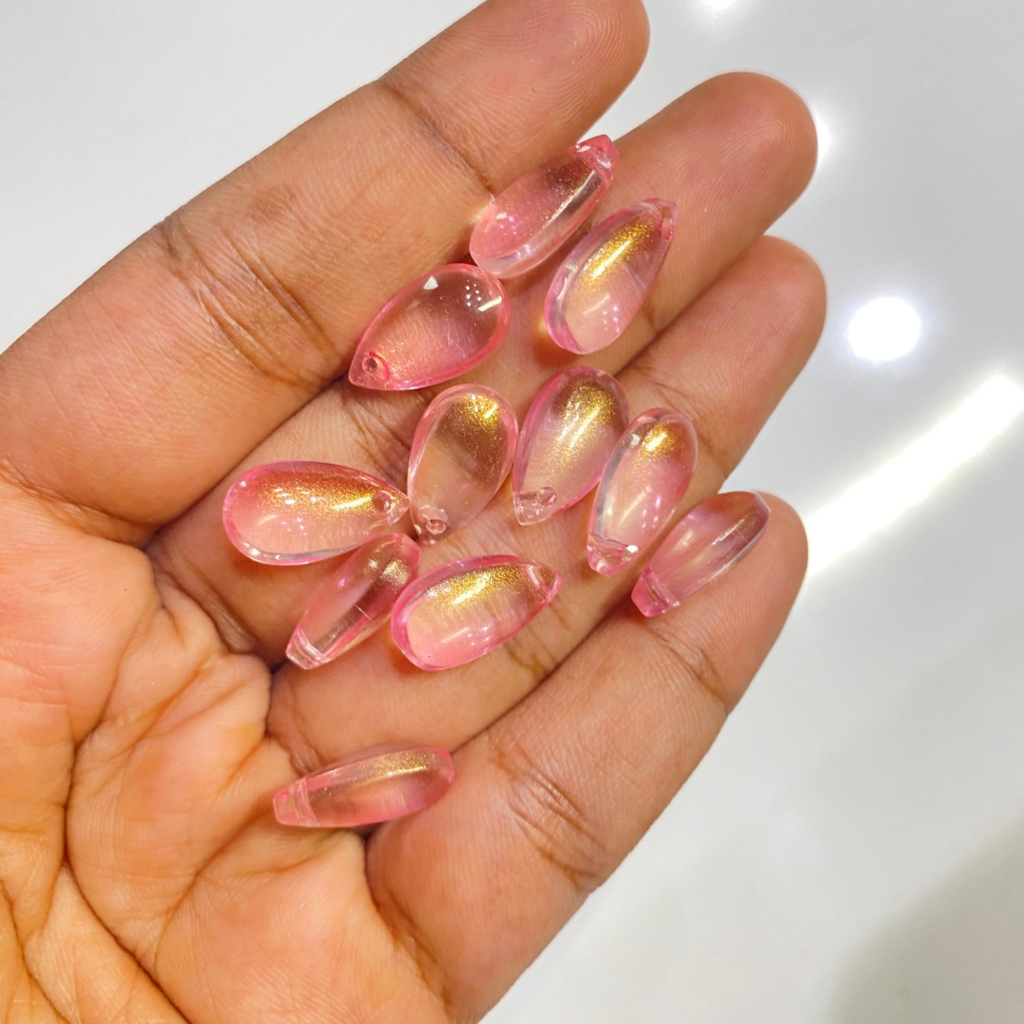 GB 1032 - pink glitter teardrop glass beads - per piece