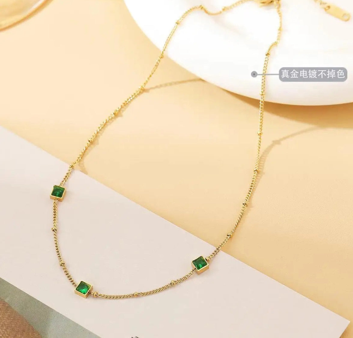 SS 92 Green Square Zircon Bead Necklace - 18k stainless steel - Anti tarnish - Wholesale